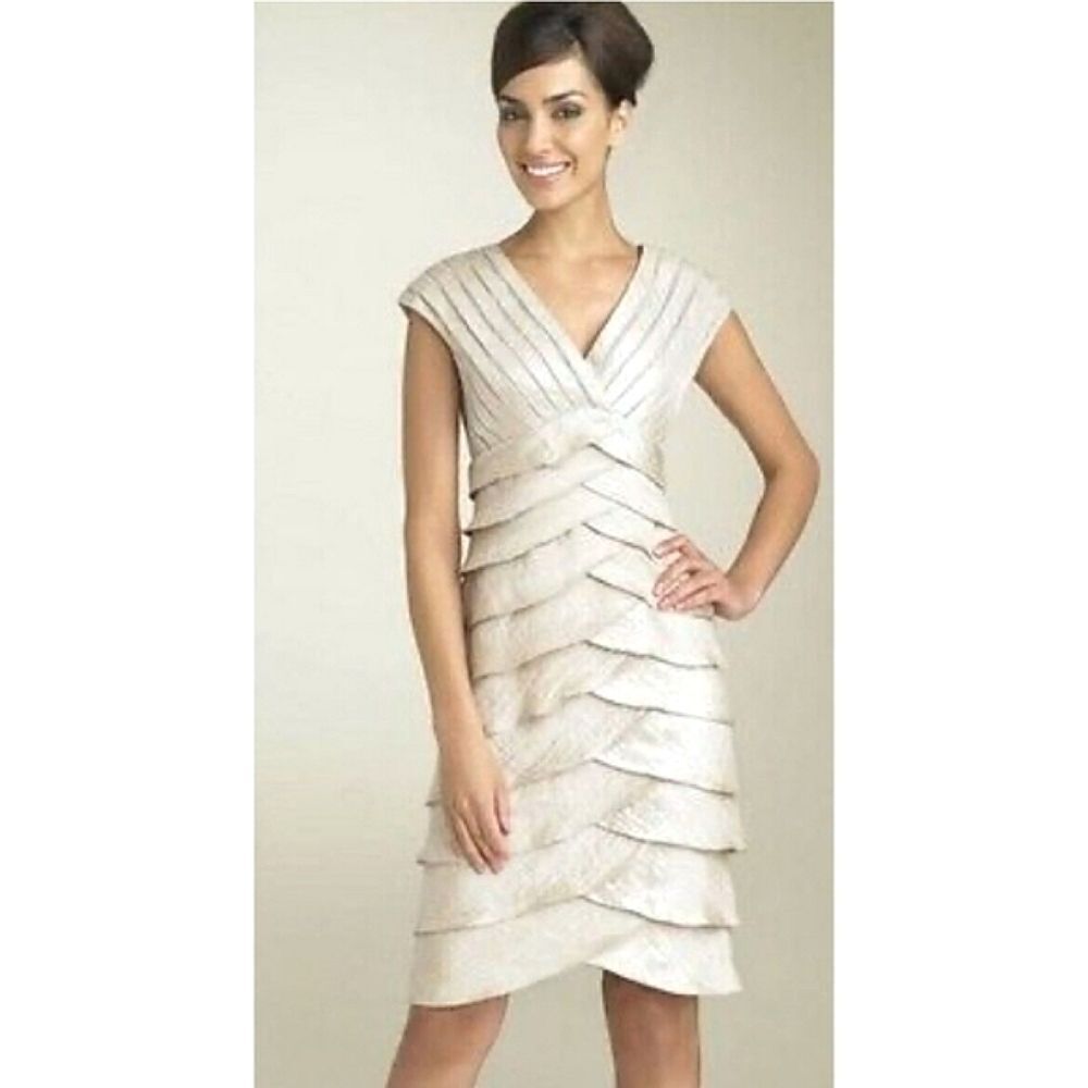 Adrianna Papell Silver Metallic Ruffle Tiered Cocktail Evening Dress Sleeveless - Picture 4 of 17